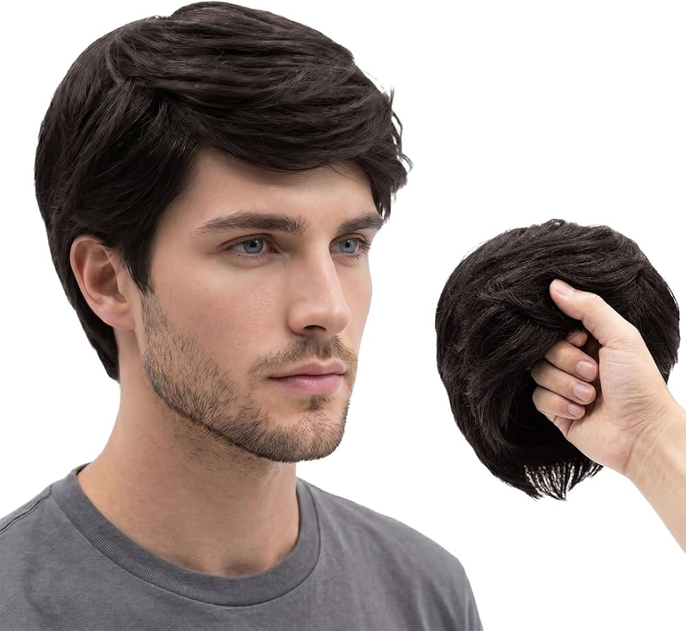 Man wearing a natural non-surgical hair system beside a custom hair patch — Berkowits Jayanagar